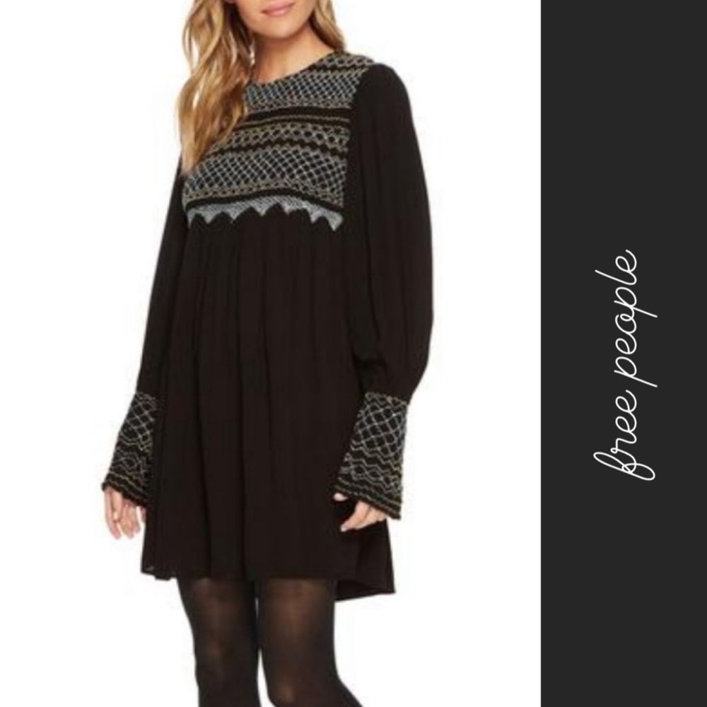 Free People Late Night Picnic Embroidered Smocked LS Dress Black • M